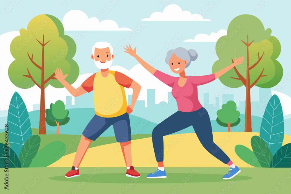 Seniors are doing exercises. Morning training of pensioners in the park. Happy elderly couple is engaged in fitness
Seniors are doing exercises. Morning training of pensioners in the park. Happy elderly couple is engaged in fitness
