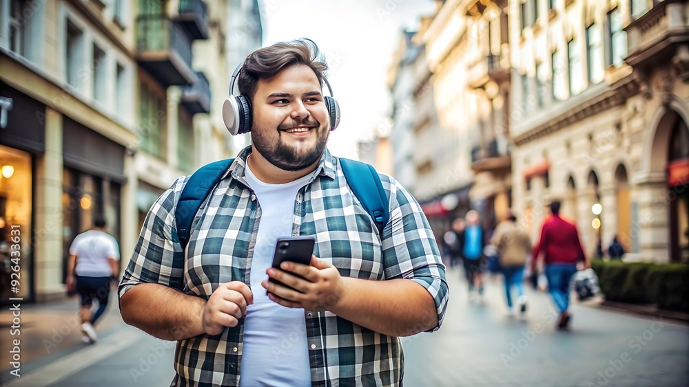 Happy Man Walking In The City With Headphones. Happy Man Walking In The City With Headphones.