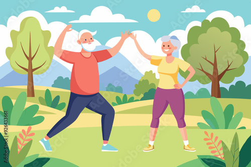 Seniors are doing exercises. Morning training of pensioners in the park. Happy elderly couple is engaged in fitness
