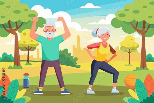 Seniors are doing exercises. Morning training of pensioners in the park. Happy elderly couple is engaged in fitness
