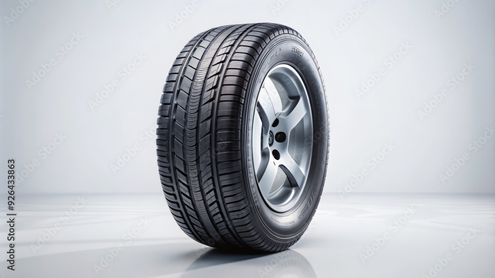 A brand new, shiny black tire with deep treads stands upright against a clean and bright white background, showcasing its quality and texture. A brand new, shiny black tire with deep treads stands upright against a clean and bright white background, showcasing its quality and texture.