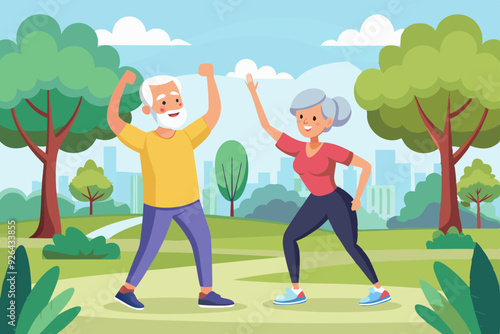 Seniors are doing exercises. Morning training of pensioners in the park. Happy elderly couple is engaged in fitness

