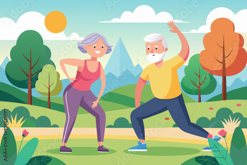 Seniors are doing exercises. Morning training of pensioners in the park. Happy elderly couple is engaged in fitness
