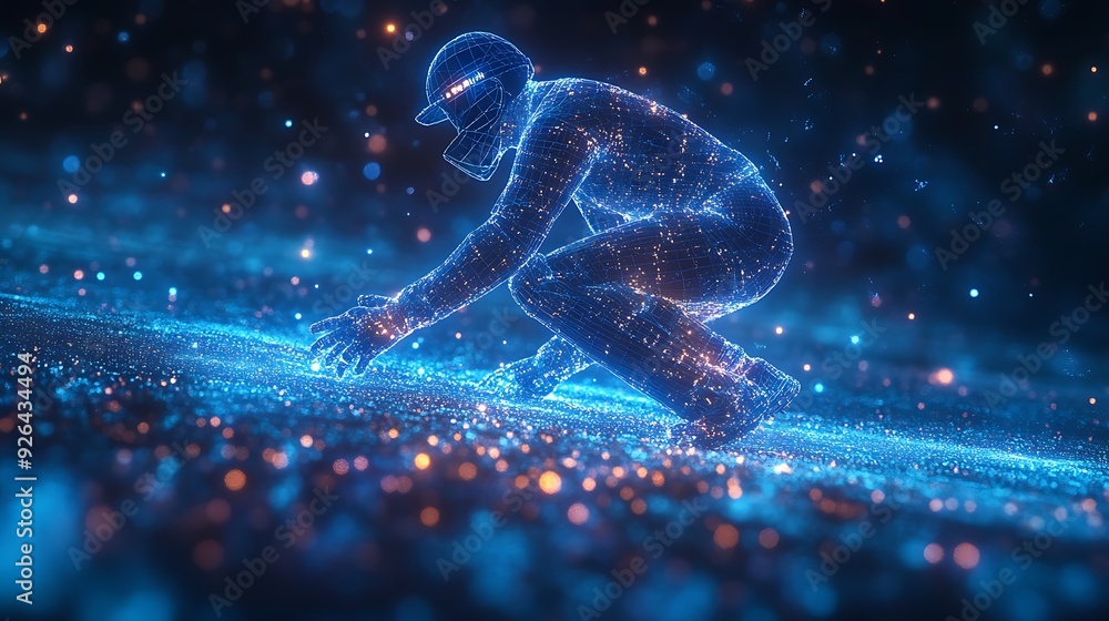 Digital blue low poly cricket player with glowing data streams AI in sports analytics, player performance tracking systems, match prediction algorithms, and training programs. wireframe player design Digital blue low poly cricket player with glowing data streams AI in sports analytics, player performance tracking systems, match prediction algorithms, and training programs. wireframe player design