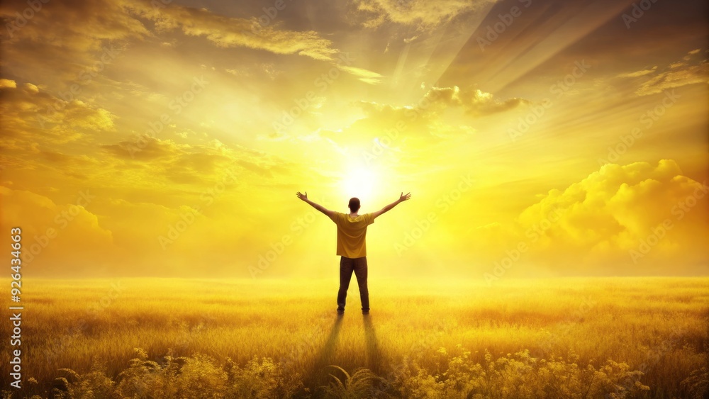 A bright yellow background highlights a solitary figure standing with arms outstretched, conveying freedom and joy, surrounded by an empty and vibrant landscape. A bright yellow background highlights a solitary figure standing with arms outstretched, conveying freedom and joy, surrounded by an empty and vibrant landscape.