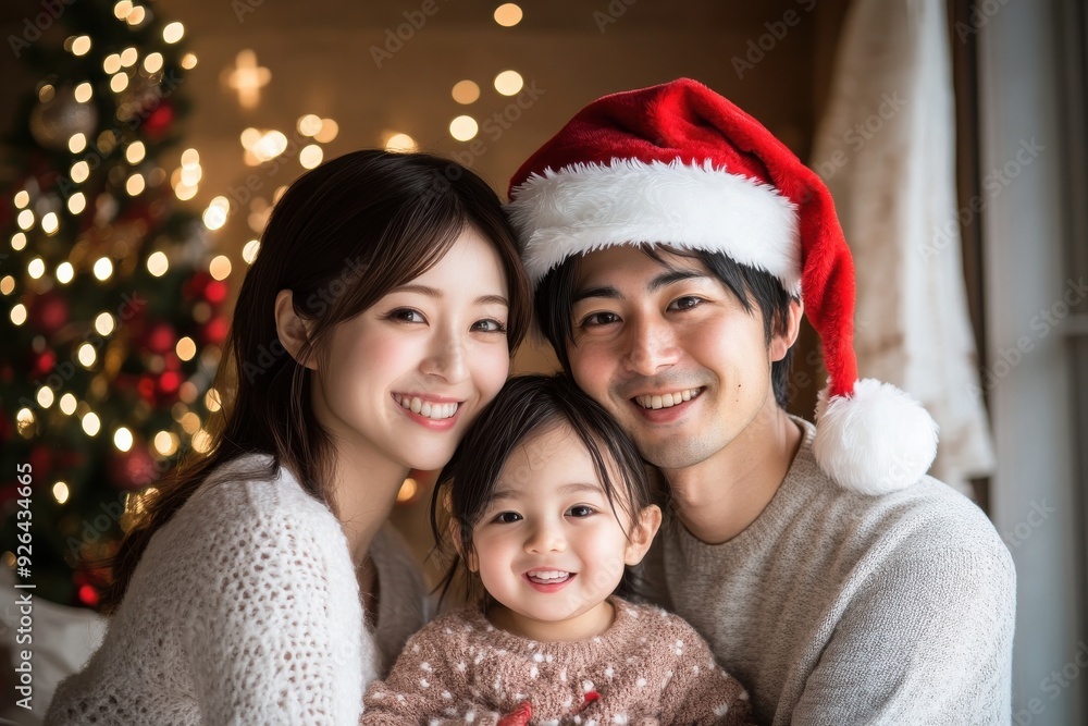 サンタ帽子をかぶってクリスマスを楽しむ日本人ファミリーのポートレート(親子・家族・家族写真・子供) サンタ帽子をかぶってクリスマスを楽しむ日本人ファミリーのポートレート(親子・家族・家族写真・子供)