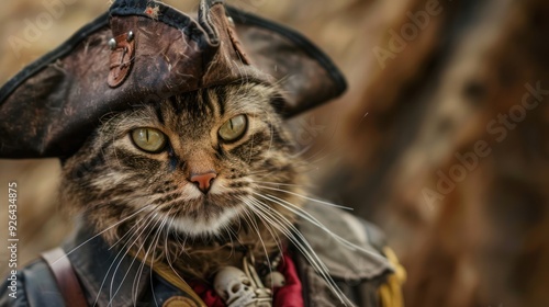 A cat dressed as a pirate, complete with hat and eye patch.