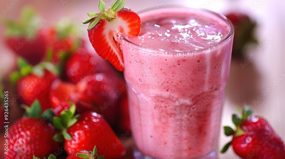 Refreshing Strawberry Smoothie in a Glass with Whipped Cream and Fresh Berries on Top Refreshing Strawberry Smoothie in a Glass with Whipped Cream and Fresh Berries on Top