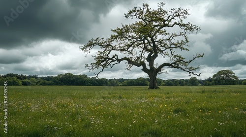 An Ancient Oak Tree Stands Majestically in a Vast Meadow, Branches Twisted Under a Cloudy Sky with Wildflowers Across the Grass. AI generated illustration