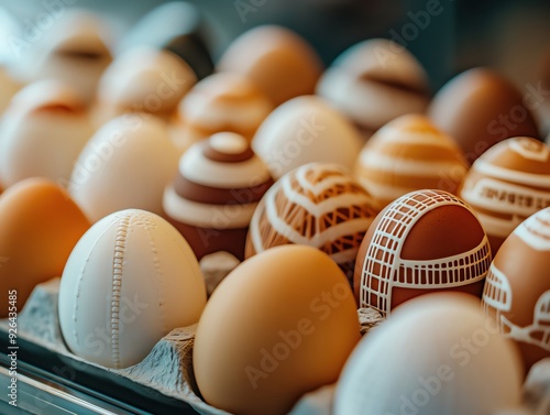 Colorful decorated eggs displayed in a tray, showcasing various patterns and designs for festive occasions.