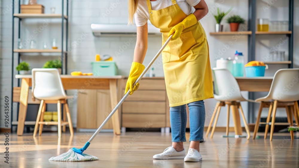 A busy individual in yellow gloves and apron meticulously sweeps the floor with a broom, surrounded by cleaning supplies and a sparkling clean background. A busy individual in yellow gloves and apron meticulously sweeps the floor with a broom, surrounded by cleaning supplies and a sparkling clean background.