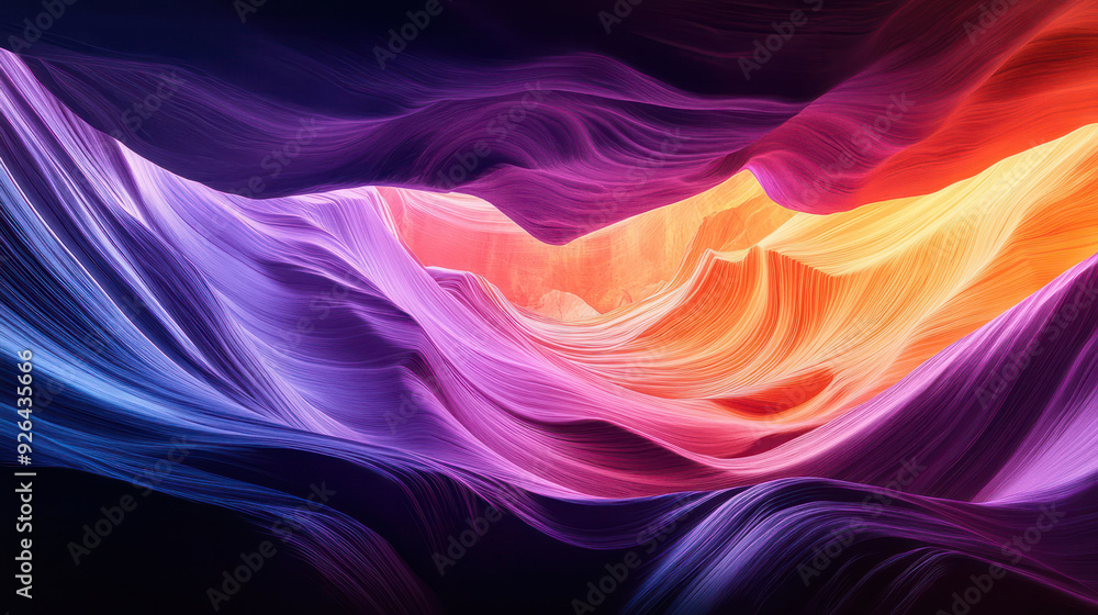 Obraz premium A colorful, abstract painting of a mountain range with a red and yellow line running through it. The painting has a dreamy. Generative AI