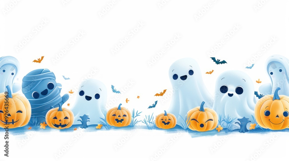 Fototapeta premium A charming Halloween border with baby pumpkins, friendly mummies, and cute ghosts.