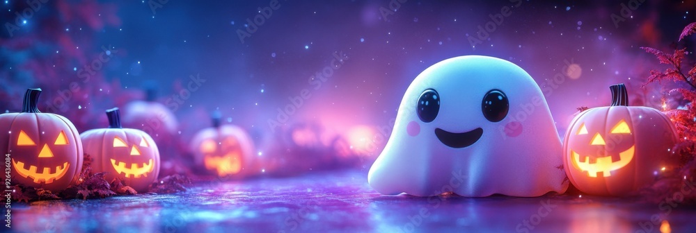 Fototapeta premium 3D rendering of cute ghost character with halloween pumpkins on purple banner background, copy space concept. Cute design illustration for advertising Halloween party banner concept.