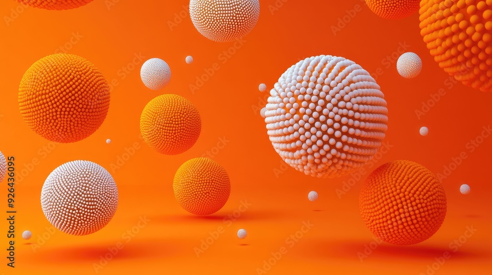 Fototapeta premium Realistic 3D spheres with intricate dot or letter textures against an orange backdrop. Ideal for creating striking banners and modern abstract vector illustrations.