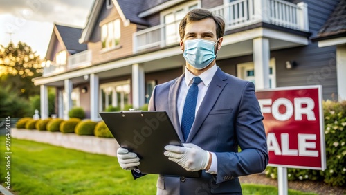 A cautious real estate agent wearing a face mask and gloves, holding a clipboard and standing in front of a property for sale sign, emphasizes safety first. photo