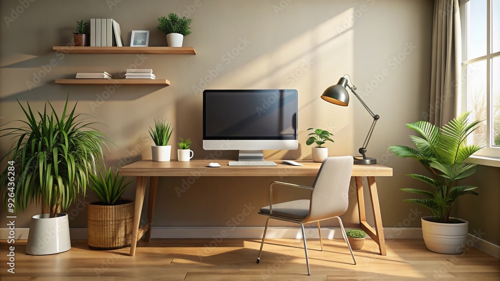 Fototapeta premium A clean and modern home office setup with a large computer screen displaying a productive desktop background on a wooden desk against a neutral wall.