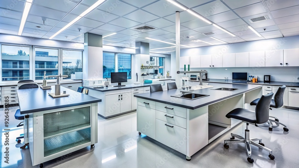 A clean and modern laboratory setting with various medical equipment, computers, and a prominent sink, ideal for a clinical trial or research facility. A clean and modern laboratory setting with various medical equipment, computers, and a prominent sink, ideal for a clinical trial or research facility.