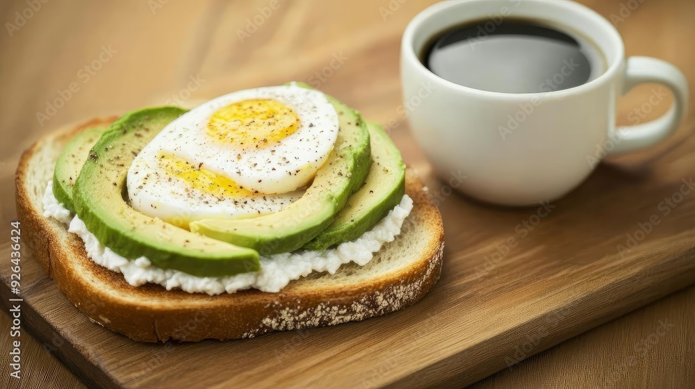A breakfast avocado sandwich and a cup of coffee A breakfast avocado sandwich and a cup of coffee