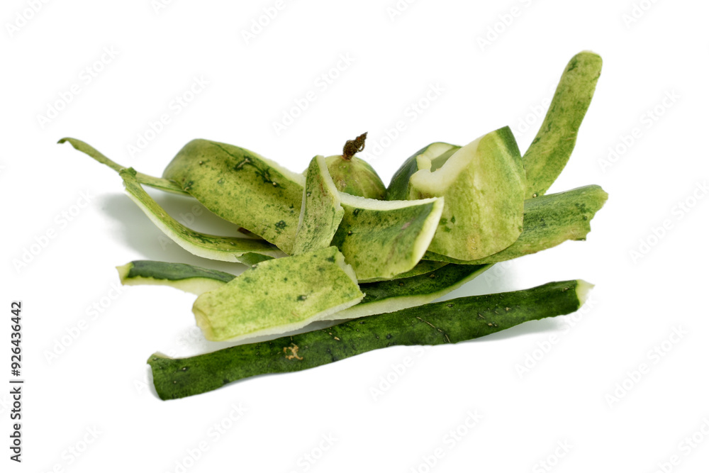 A cucumber peel remained on a white background. A cucumber peel remained on a white background.
