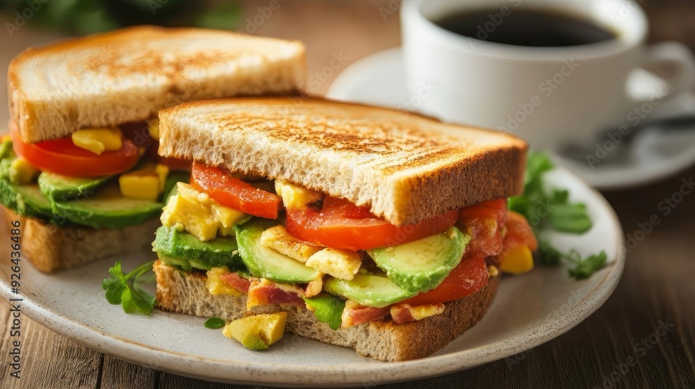 A breakfast avocado sandwich and a cup of coffee A breakfast avocado sandwich and a cup of coffee