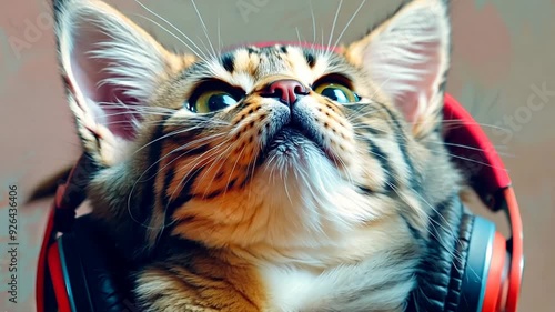 Cat in Headphones: A close-up portrait of a curious tabby cat wearing red headphones, capturing a playful and unexpected moment of feline audiophile enjoyment. The cat's expressive eyes and tilted hea photo