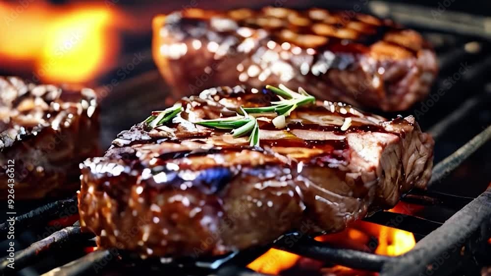 Closeup of Grilled Steak with Rosemary on Barbecue Grill Closeup of Grilled Steak with Rosemary on Barbecue Grill