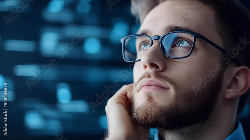 Close-up of an entrepreneur's face deep in thought, with innovative concepts floating around their head, thinking of new ideas and business opportunities or start up