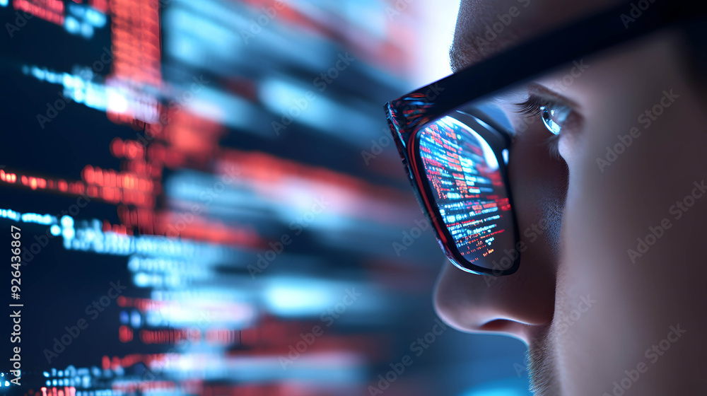 Visionary executives or leaders are thinking of new ideas and business opportunities or start up. entrepreneur's face focused intently on a complex coding screen. Visionary executives or leaders are thinking of new ideas and business opportunities or start up. entrepreneur's face focused intently on a complex coding screen.