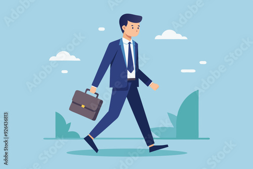 Businessman in a business suit and a briefcase in his hands goes to work on an isolated background. Vector illustration
