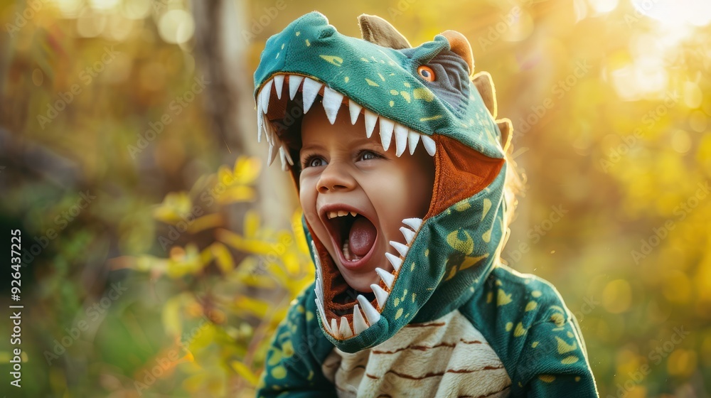 Fototapeta premium A child in a dinosaur costume roaring playfully.