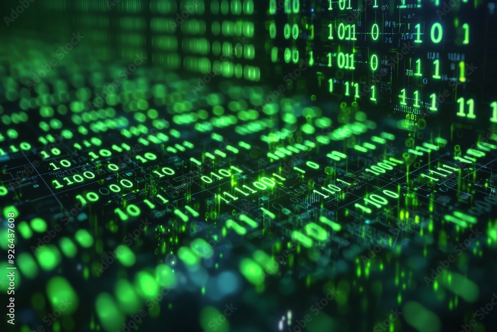Green Dark Binary Code with Data Streaming Background created with Generative AI Green Dark Binary Code with Data Streaming Background created with Generative AI