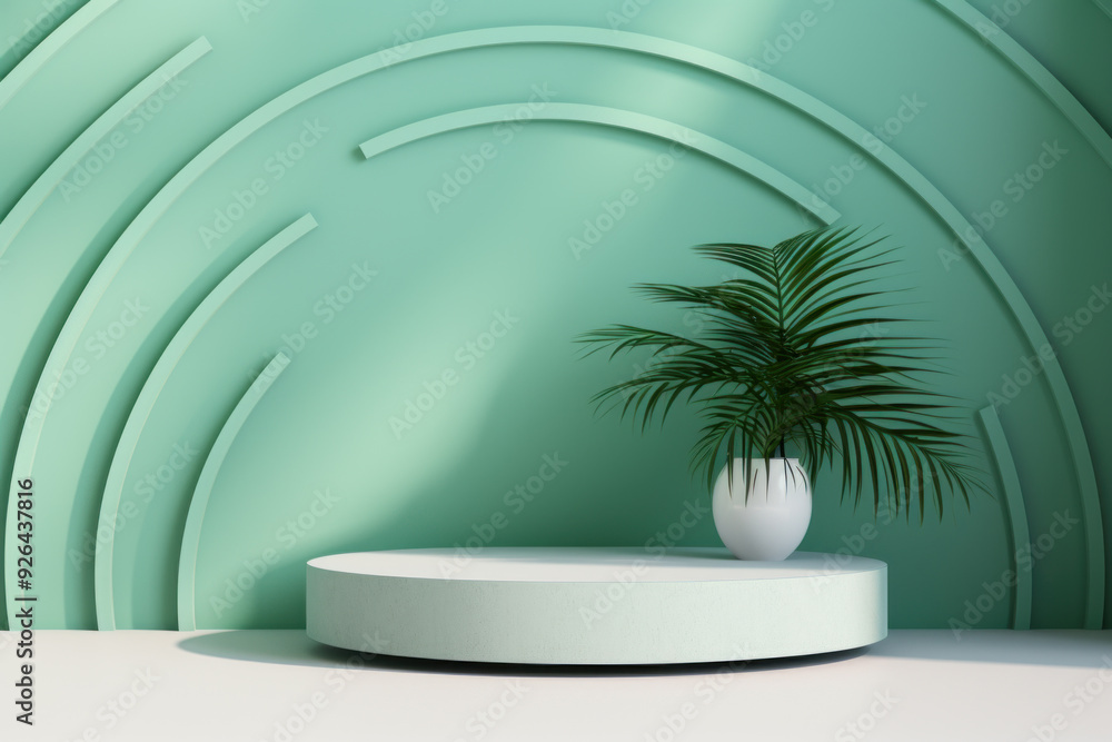Palm plant in a white pot placed on a round platform against a green abstract background with curved lines. Concept of modern interior decor. Palm plant in a white pot placed on a round platform against a green abstract background with curved lines. Concept of modern interior decor.