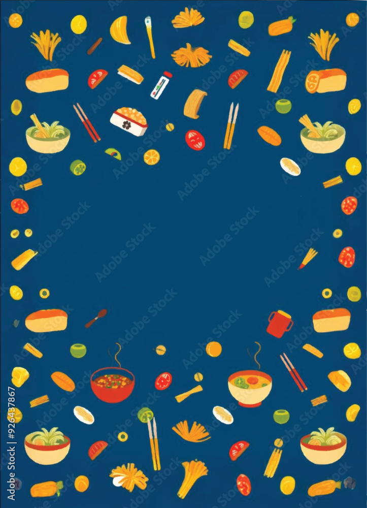 a blue poster with repeating pattern banner design of food and drinks from arround the world a blue poster with repeating pattern banner design of food and drinks from arround the world