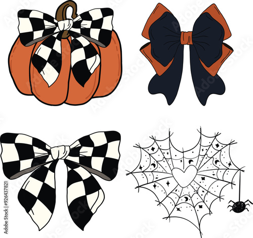 Pumpkin with plaid bow . Coquette Halloween , Heart-shaped spider web. Art and Illustration