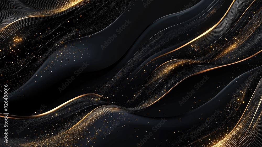 Sophisticated 3D black background featuring wavy gold lines and subtle sparkles, perfect for a high-end luxury template with text space. Sophisticated 3D black background featuring wavy gold lines and subtle sparkles, perfect for a high-end luxury template with text space.
