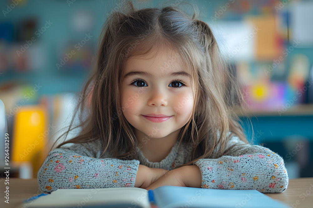 A young woman with long brown hair is smiling and holding a book. The book is open to a page with a picture on it. Concept of relaxation and enjoyment, as the woman is comfortable in her surroundings A young woman with long brown hair is smiling and holding a book. The book is open to a page with a picture on it. Concept of relaxation and enjoyment, as the woman is comfortable in her surroundings