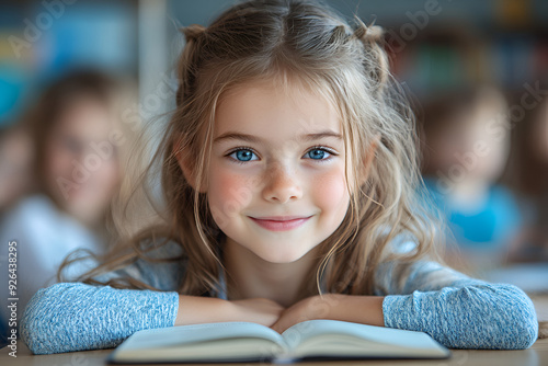 A young woman with long brown hair is smiling and holding a book. The book is open to a page with a picture on it. Concept of relaxation and enjoyment, as the woman is comfortable in her surroundings