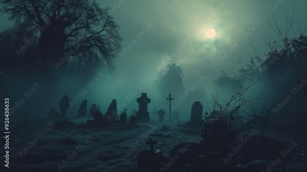 A creepy banner with dark fog, tombstones, and eerie figures. A creepy banner with dark fog, tombstones, and eerie figures.