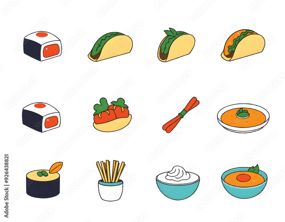 a variety vector icons of global cuisines and foods including a sandwich salad and a bowl of food a variety vector icons of global cuisines and foods including a sandwich salad and a bowl of food