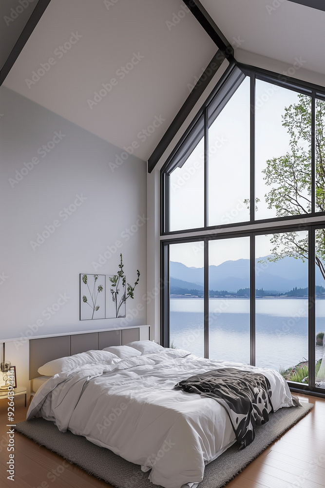 Fototapeta premium Luxury minimalist bed room, two floor high ceiling. Garden, courtyard view outside the window. Spacious cozy bed. 