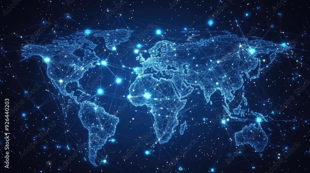 World map with abstract global data connections and telecommunication network lines. Vector illustration displaying interconnected nodes and business data flow. World map with abstract global data connections and telecommunication network lines. Vector illustration displaying interconnected nodes and business data flow.