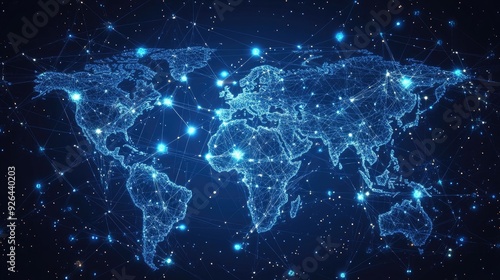 World map with abstract global data connections and telecommunication network lines. Vector illustration displaying interconnected nodes and business data flow.