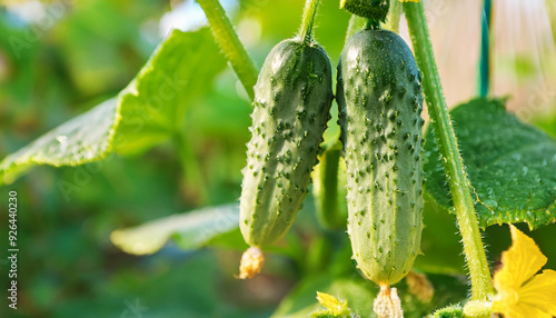 Ripe and fresh cucumbers on bush. Organic agriculture. Natural and healthy food. Autumn harvest