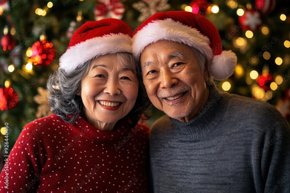 サンタ帽子をかぶってクリスマスを楽しむシニアの日本人夫婦のポートレート(シニアカップル・仲良し夫婦・おしどり夫婦・幸せ・) サンタ帽子をかぶってクリスマスを楽しむシニアの日本人夫婦のポートレート(シニアカップル・仲良し夫婦・おしどり夫婦・幸せ・)