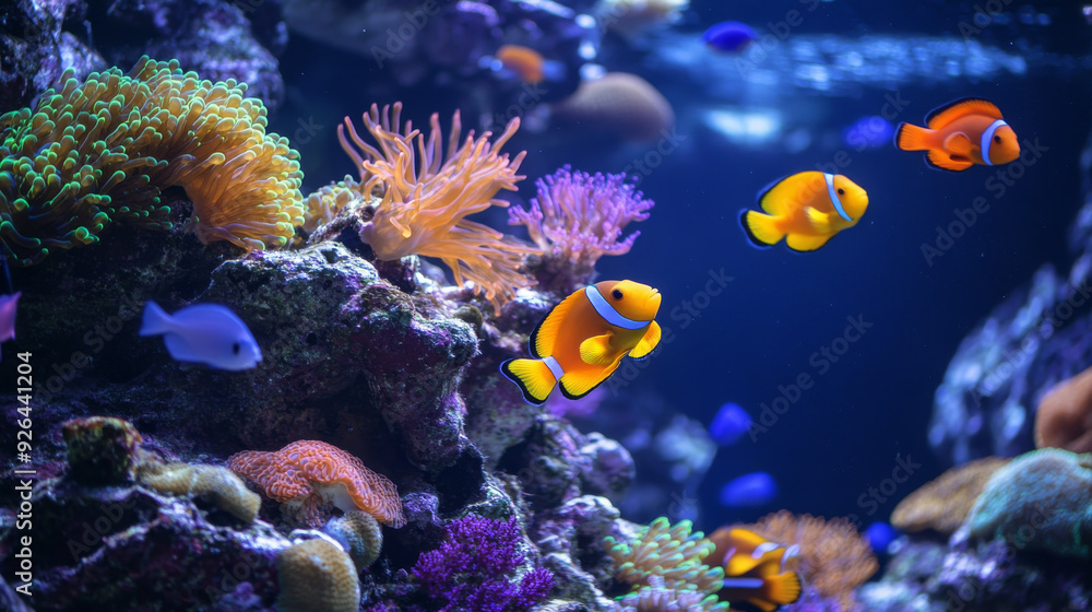 Obraz premium Pictures of the beautiful underwater ecosystem showing a vibrant coral reef with colorful fish swimming around. --ar 16:9 --v 6.1 Job ID: 4e2922ab-dd76-414a-a342-99d16a1e30e6