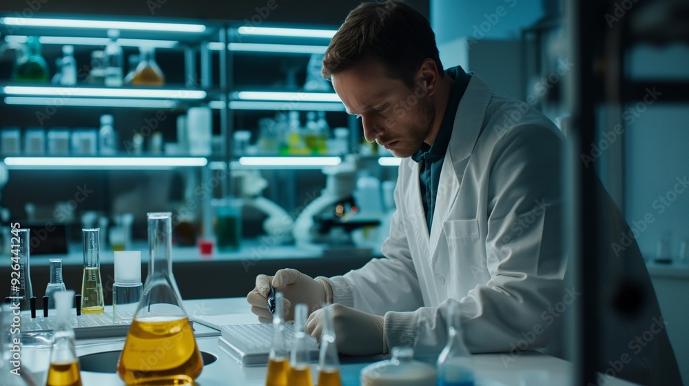 Focused Research in the Lab: A dedicated scientist meticulously analyzes data and conducts experiments in a modern, well-equipped laboratory. The image evokes a sense of precision, focus Focused Research in the Lab: A dedicated scientist meticulously analyzes data and conducts experiments in a modern, well-equipped laboratory. The image evokes a sense of precision, focus