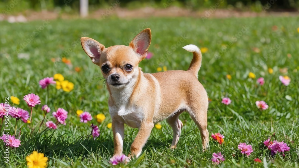 Fawn smooth coat chihuahua dog in flower field Fawn smooth coat chihuahua dog in flower field