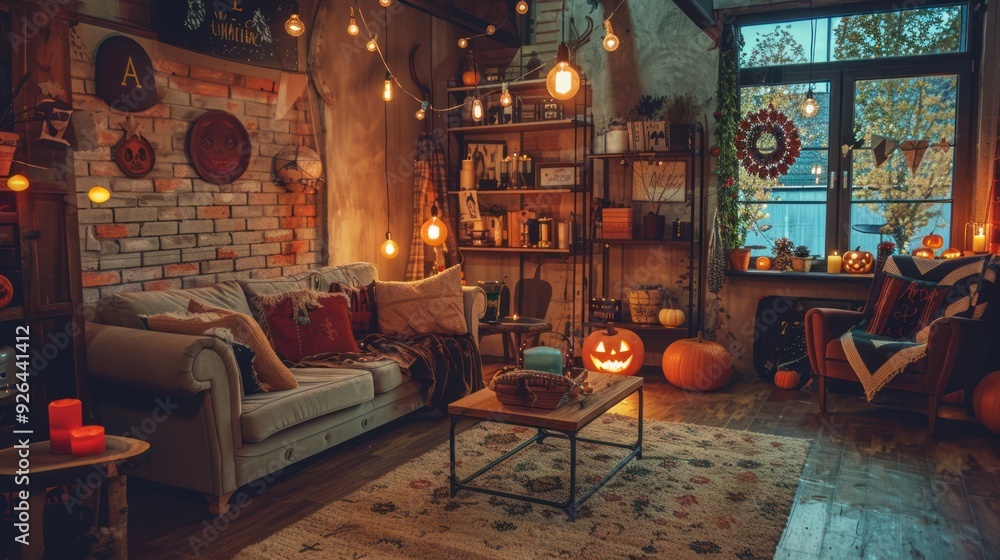 A family room with Halloween decorations and a cozy party atmosphere. A family room with Halloween decorations and a cozy party atmosphere.