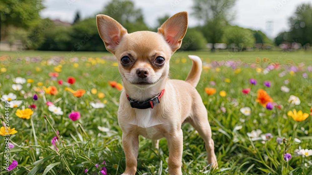 Fawn smooth coat chihuahua dog in flower field Fawn smooth coat chihuahua dog in flower field